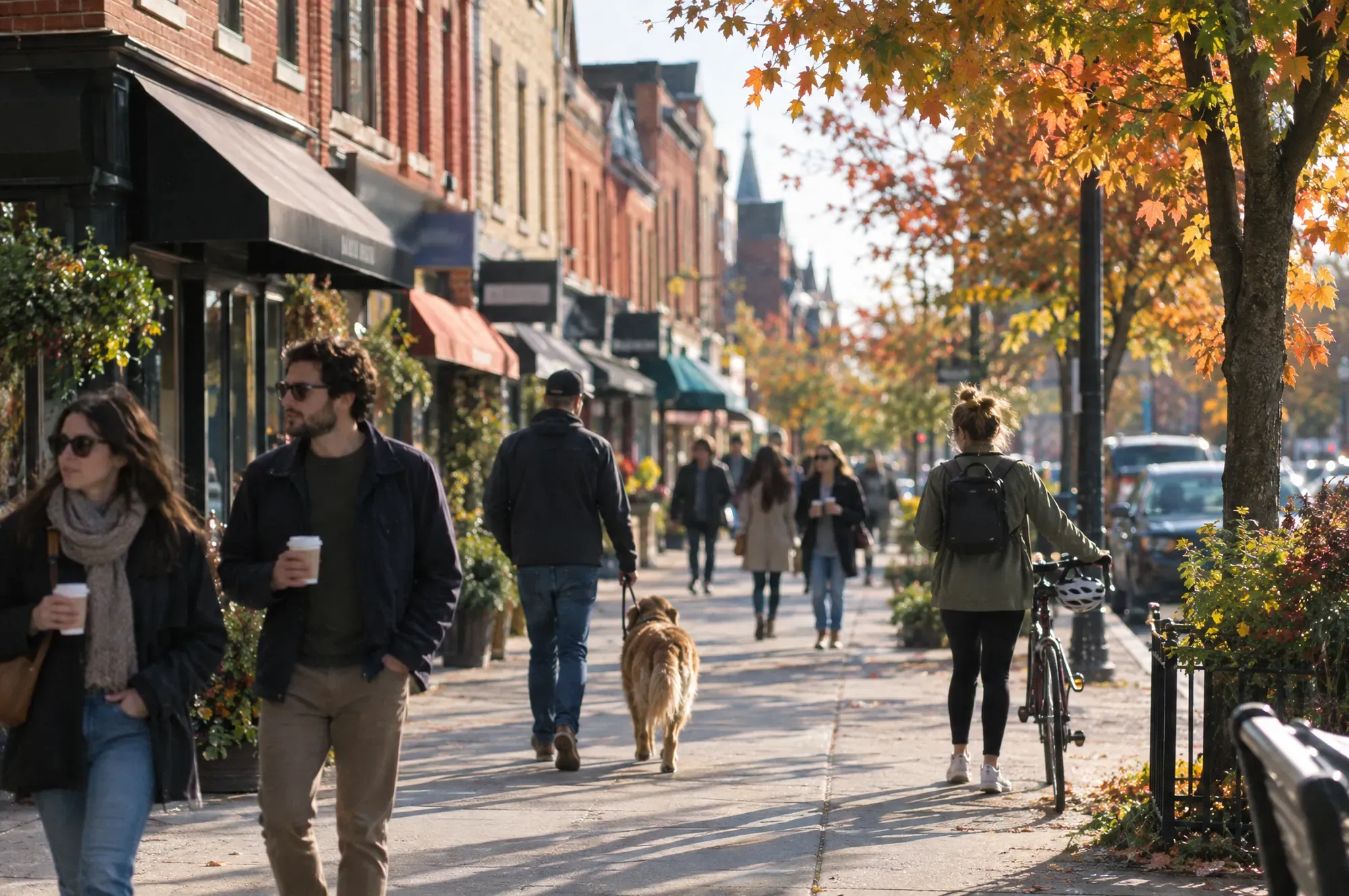 People walking with coffee and a dog on a Saturday morning past brick shopfronts and maples turning orange.
