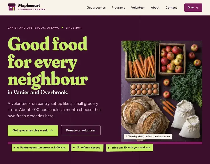 Home page of the Maplecourt Community Pantry website