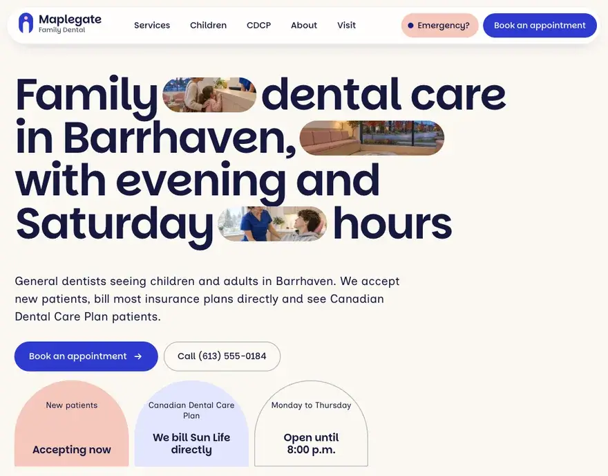 Home page of the Maplegate Family Dental website