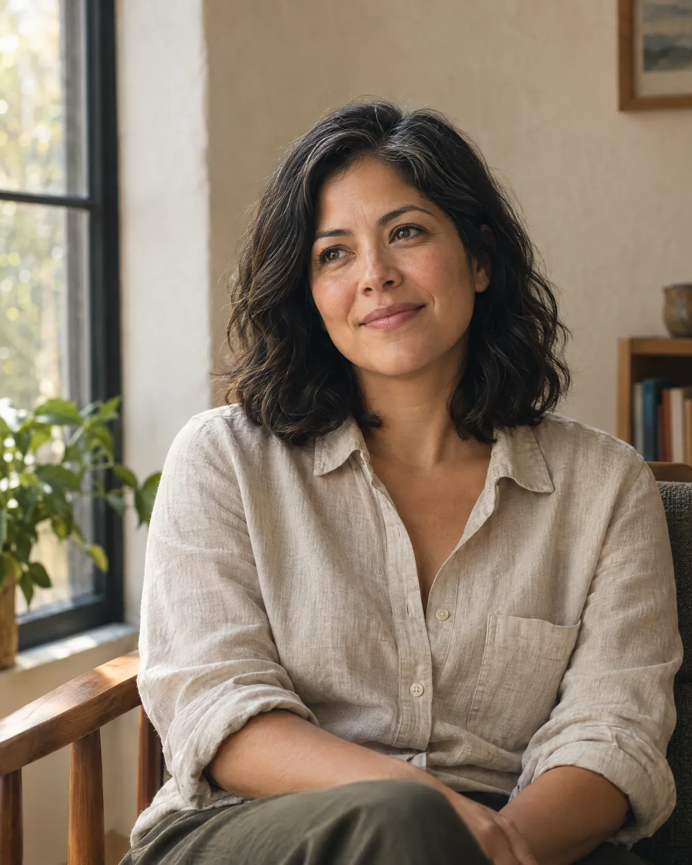 Maren Castellanos, a therapist with shoulder-length dark wavy hair and an oat linen shirt, sitting by a window.
