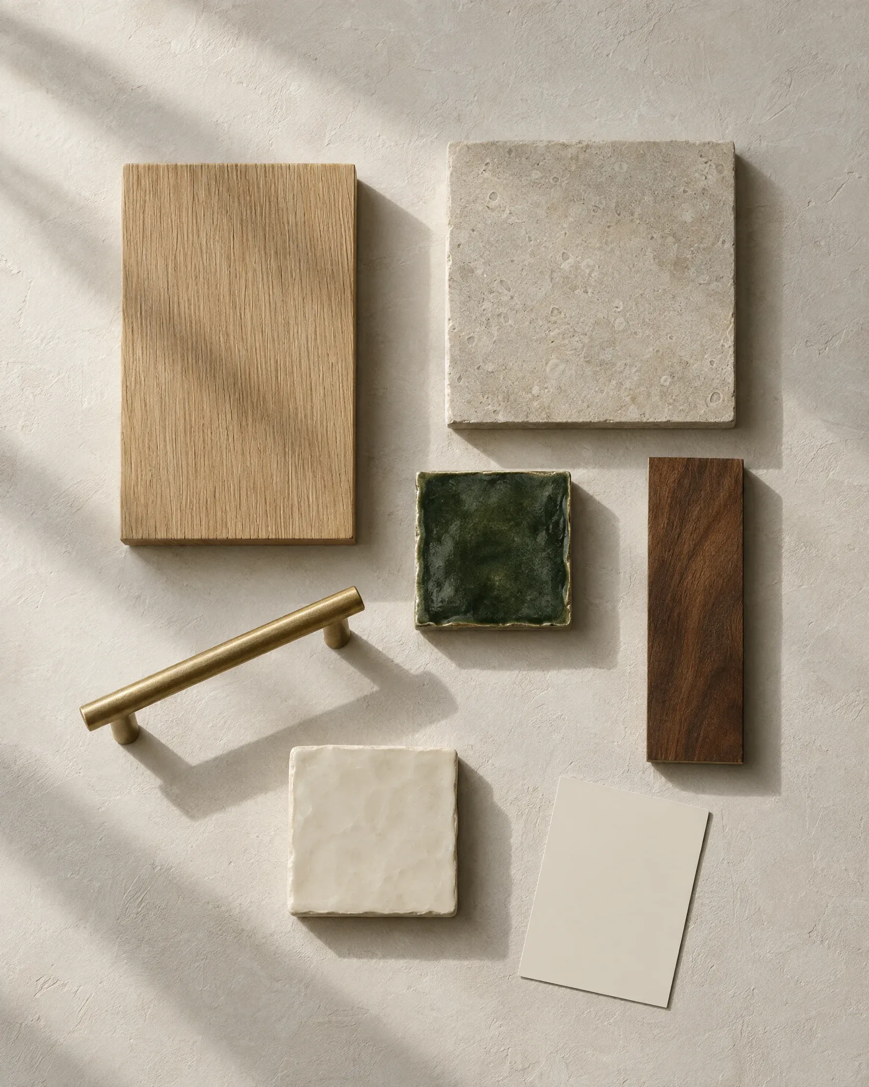 Samples of white oak, limestone, walnut, green glazed tile, cream tile and a brass pull laid out on a table.