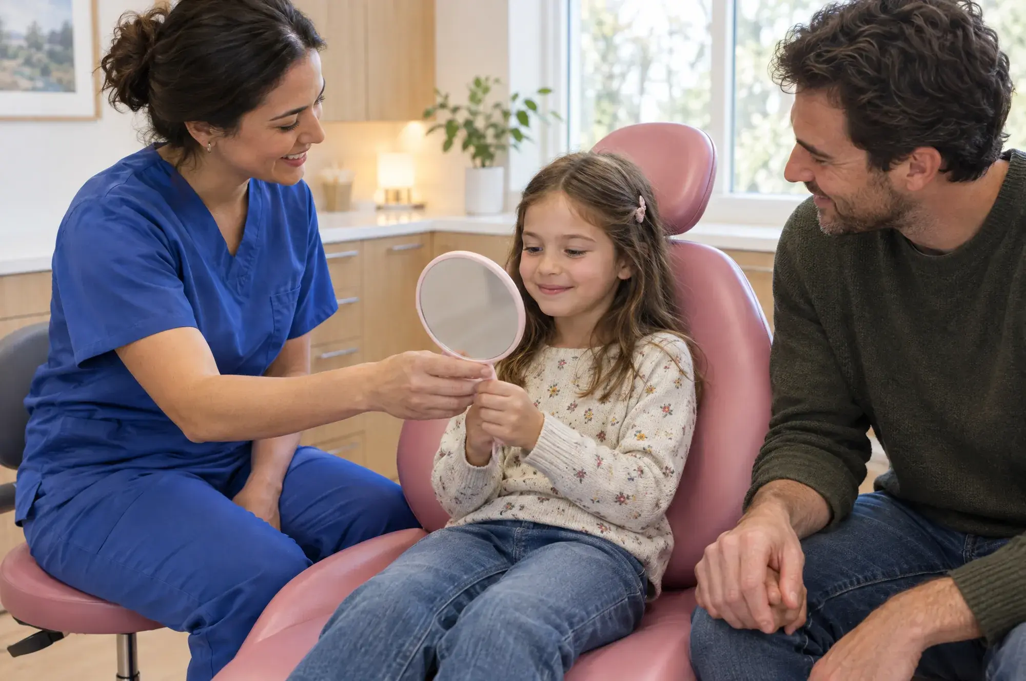 A hygienist hands a girl in the chair a small pink mirror. Her father sits beside the chair and smiles.