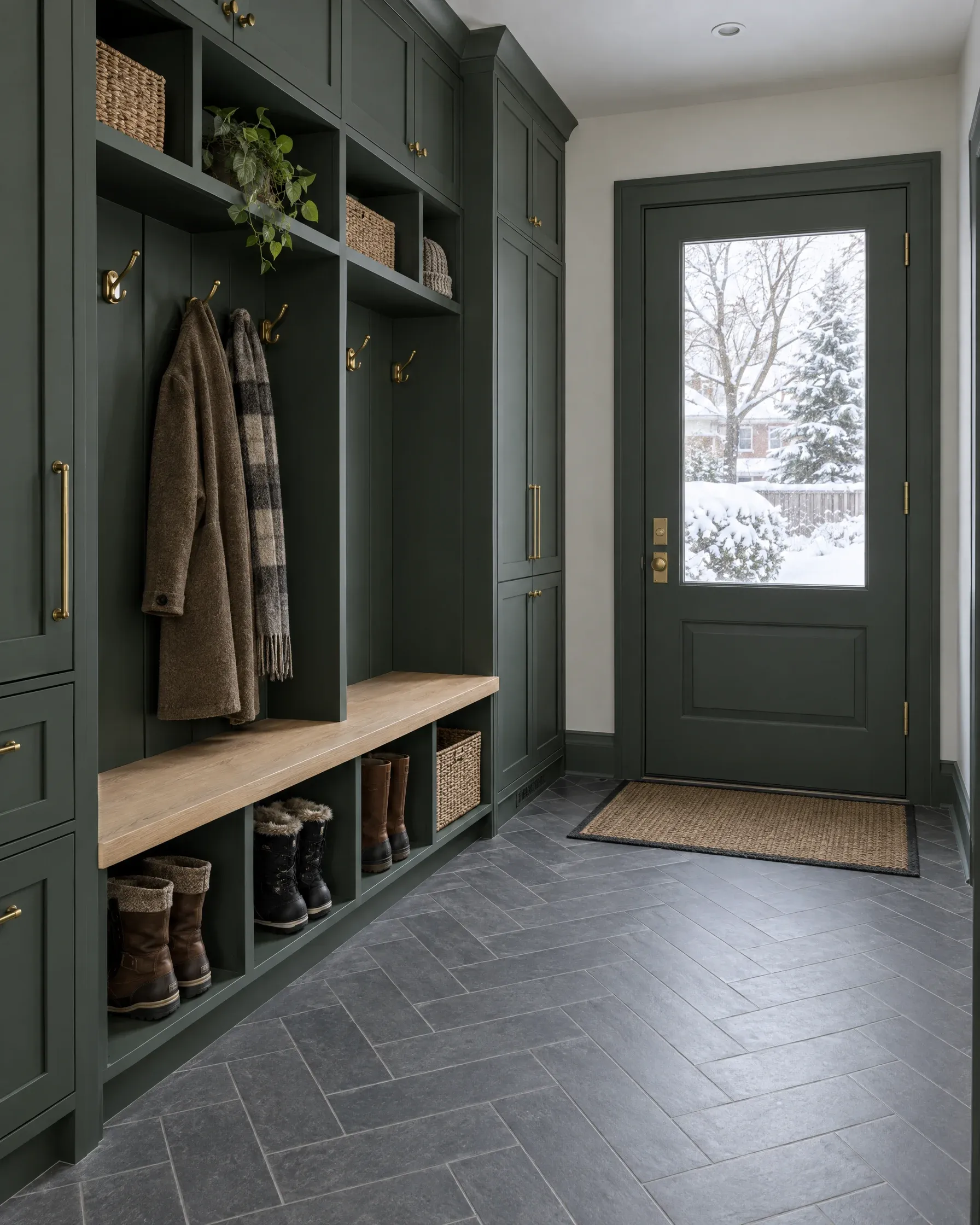 A green mudroom with built-in cubbies, brass hooks, an oak bench and a herringbone tile floor. Snow is visible through the door.