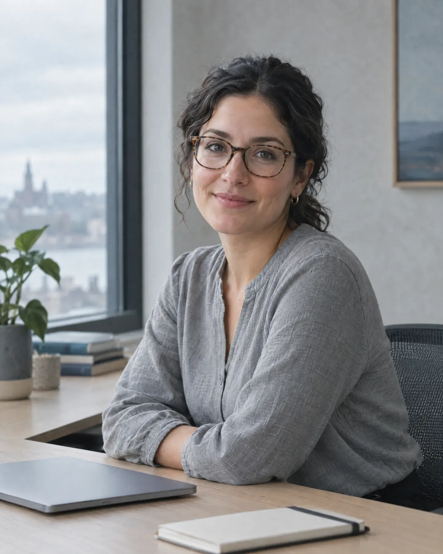 Nadia Ferreira-Lemieux, a lawyer with dark wavy hair and glasses, sitting at a desk by a window.