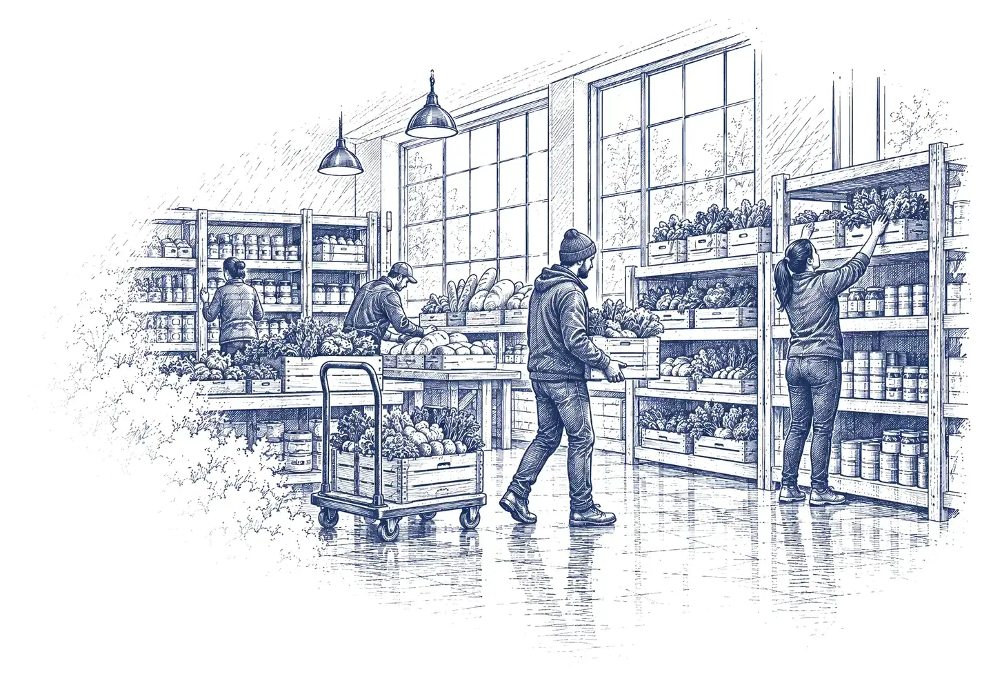 Ink drawing of volunteers stocking shelves in a community food pantry
