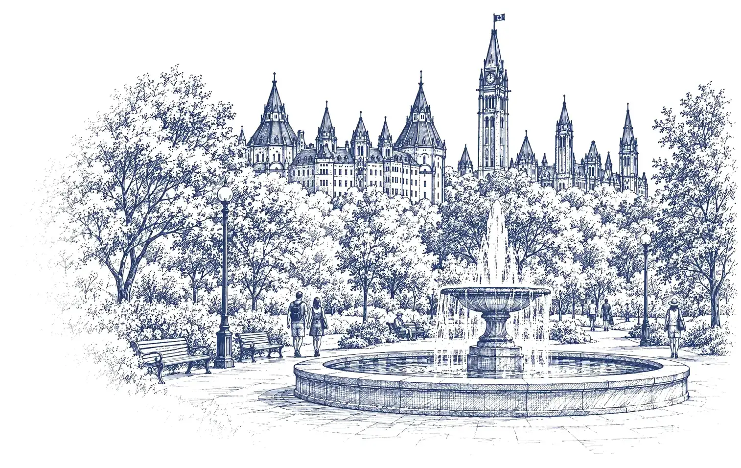 Ink drawing of Confederation Park in Ottawa, with the fountain and the Parliament towers behind the trees