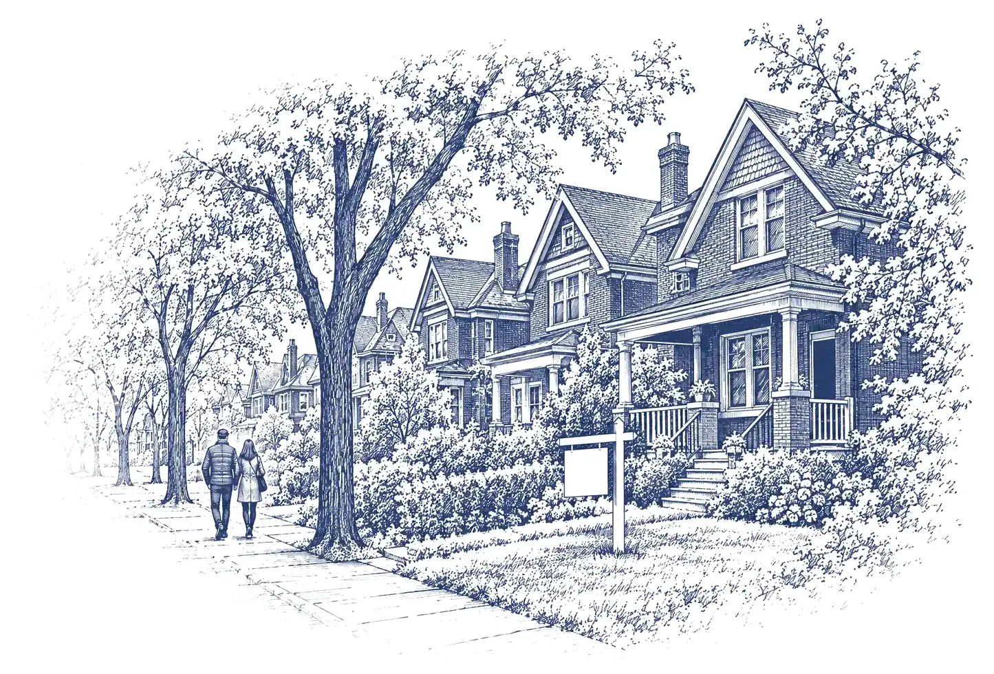 Ink drawing of brick family homes on a tree-lined street with a for sale sign on the lawn