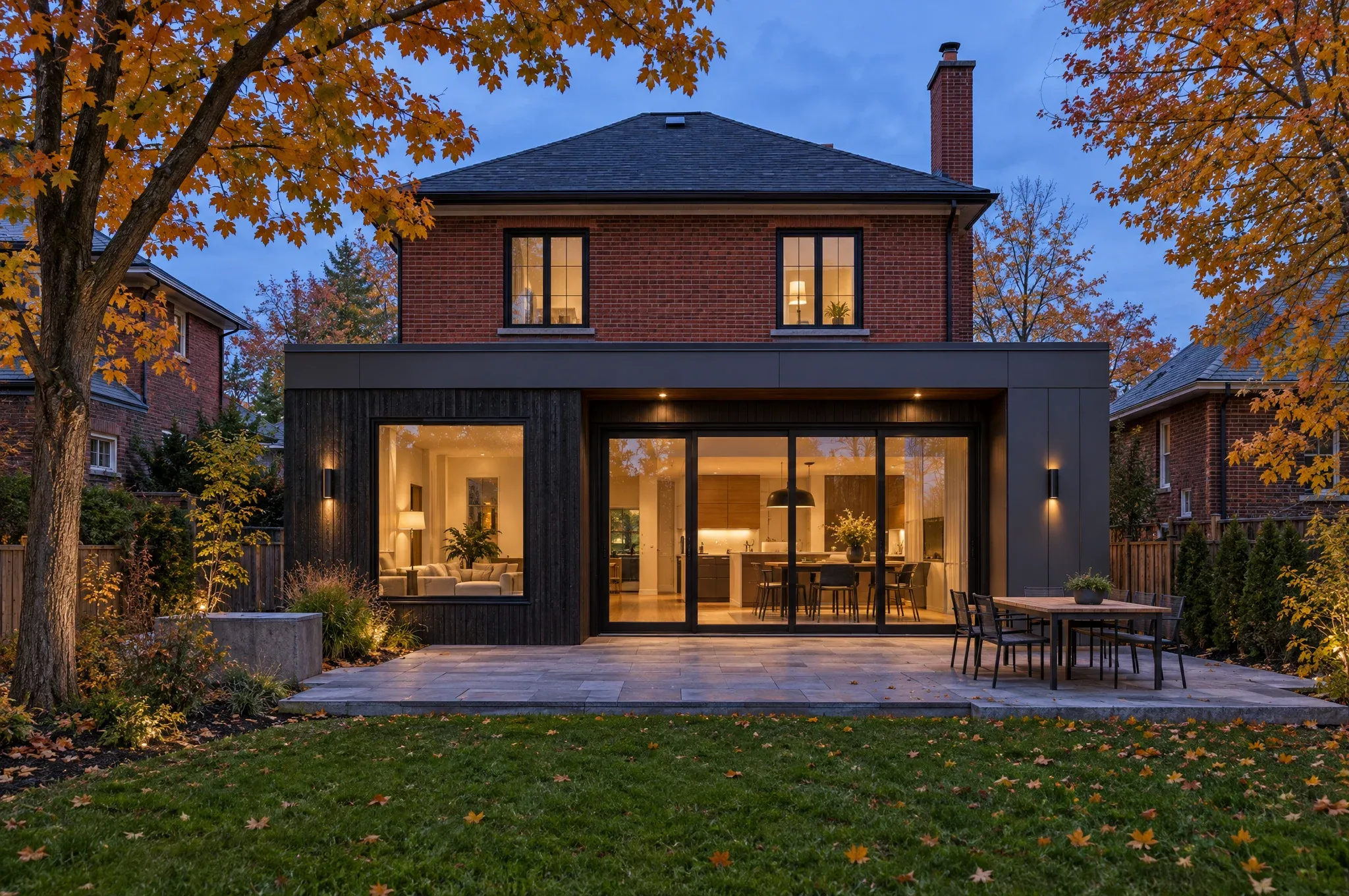 A red brick house at dusk with a new dark-clad rear addition, large glass doors and a stone patio.