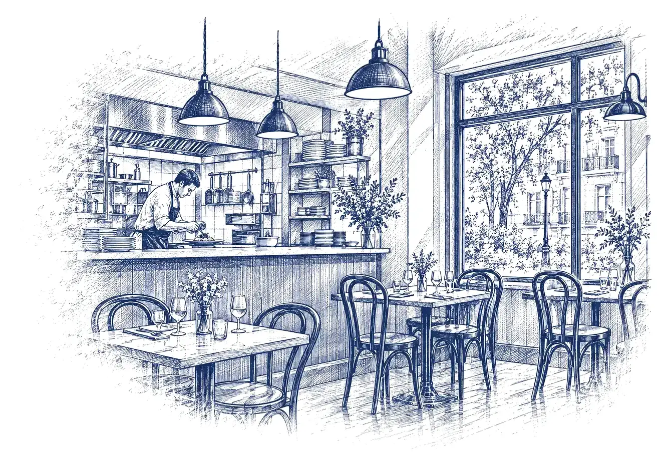 Ink drawing of a bistro with pendant lights, a cook at the counter and tables by the window