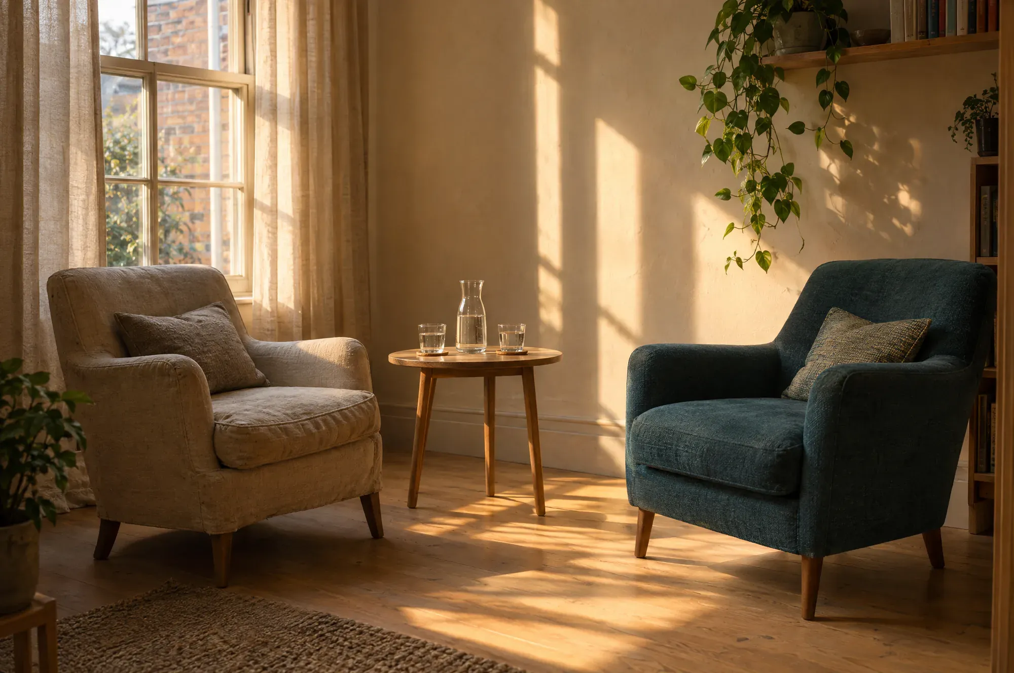 A counselling room with an oat linen armchair and a teal armchair angled toward each other, a small table with a water carafe between them, and late sun on the wall.