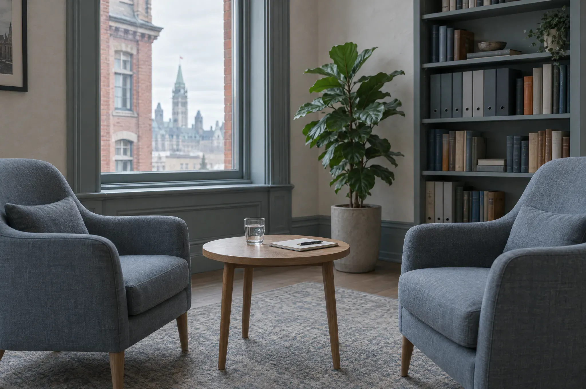 A quiet consultation room with two grey armchairs, a small round table, a tall plant and a bookshelf by the window.