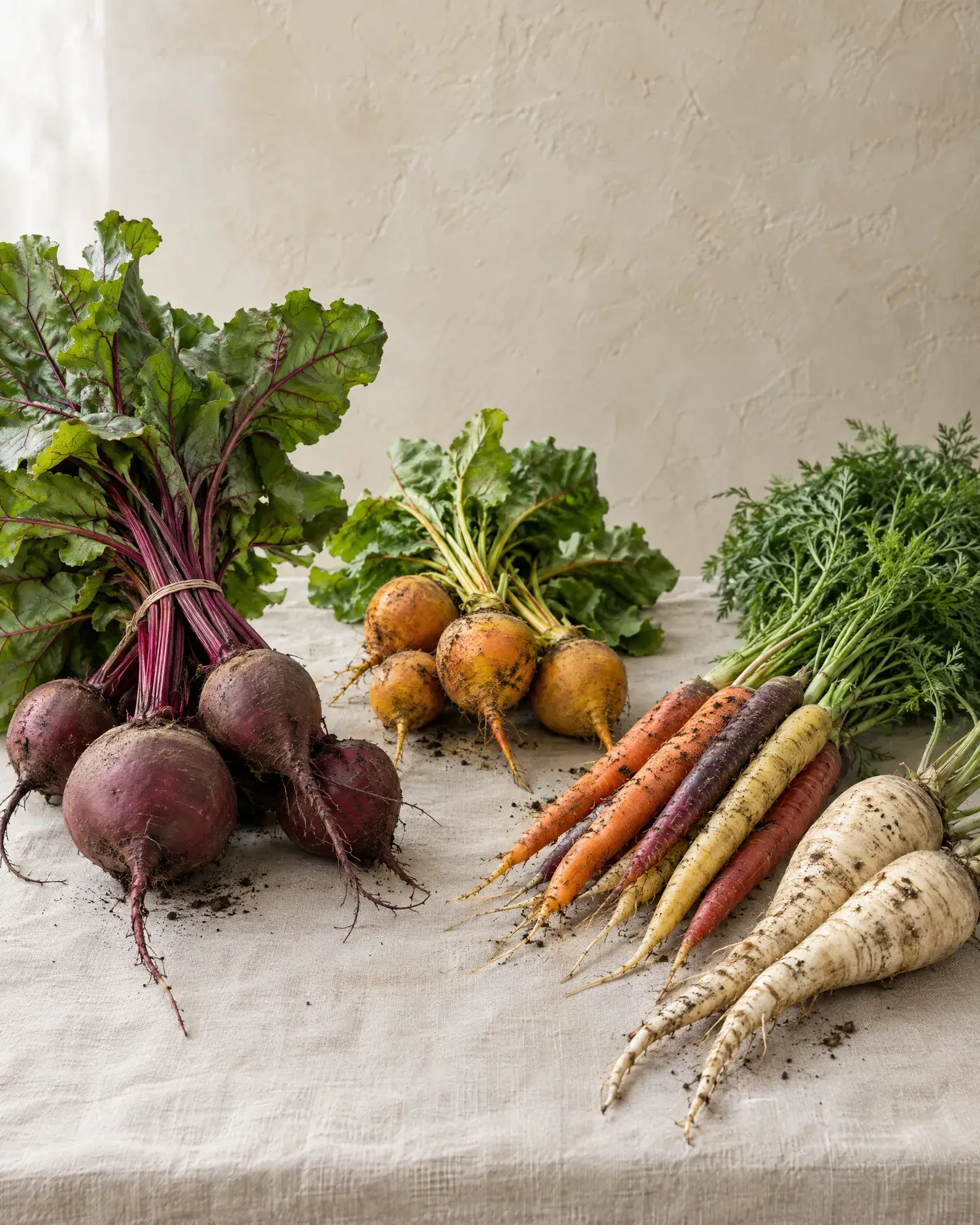 Red and golden beets with their leaves, rainbow carrots and parsnips on oat linen.