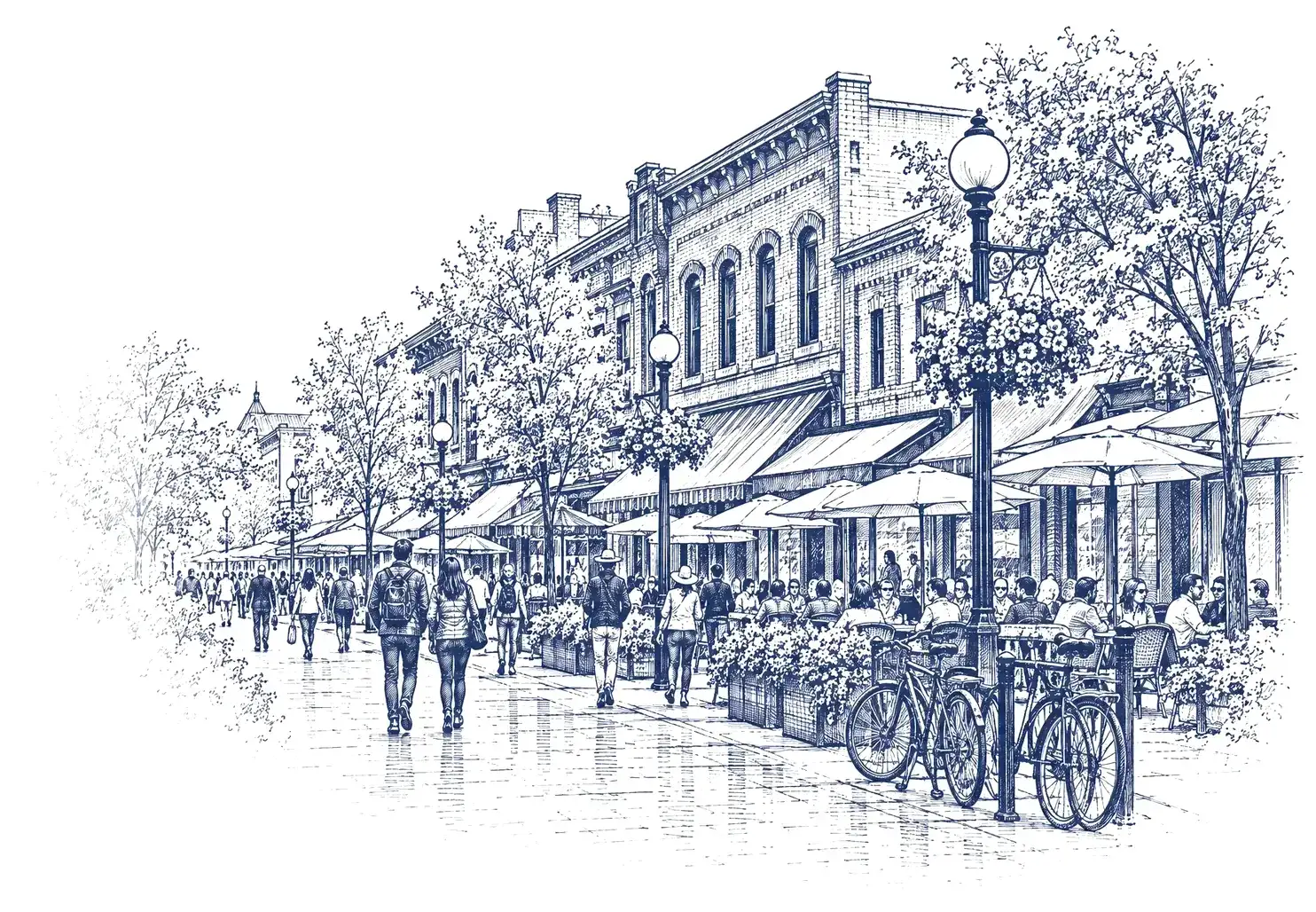 Ink drawing of an Ottawa street with shop awnings, café tables and bicycles