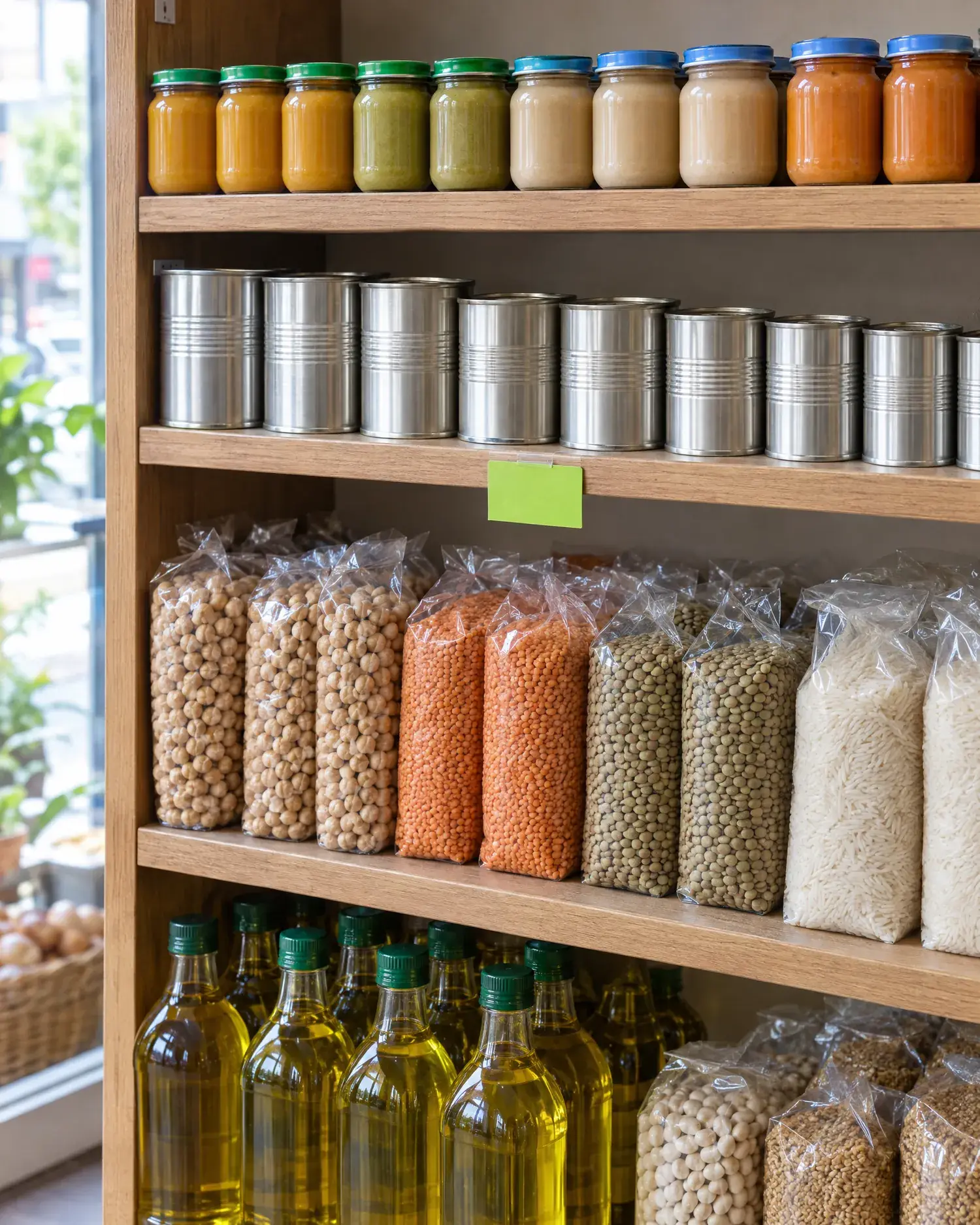 A neat wooden shelf of baby food jars, tins, clear bags of lentils and chickpeas, and bottles of cooking oil.