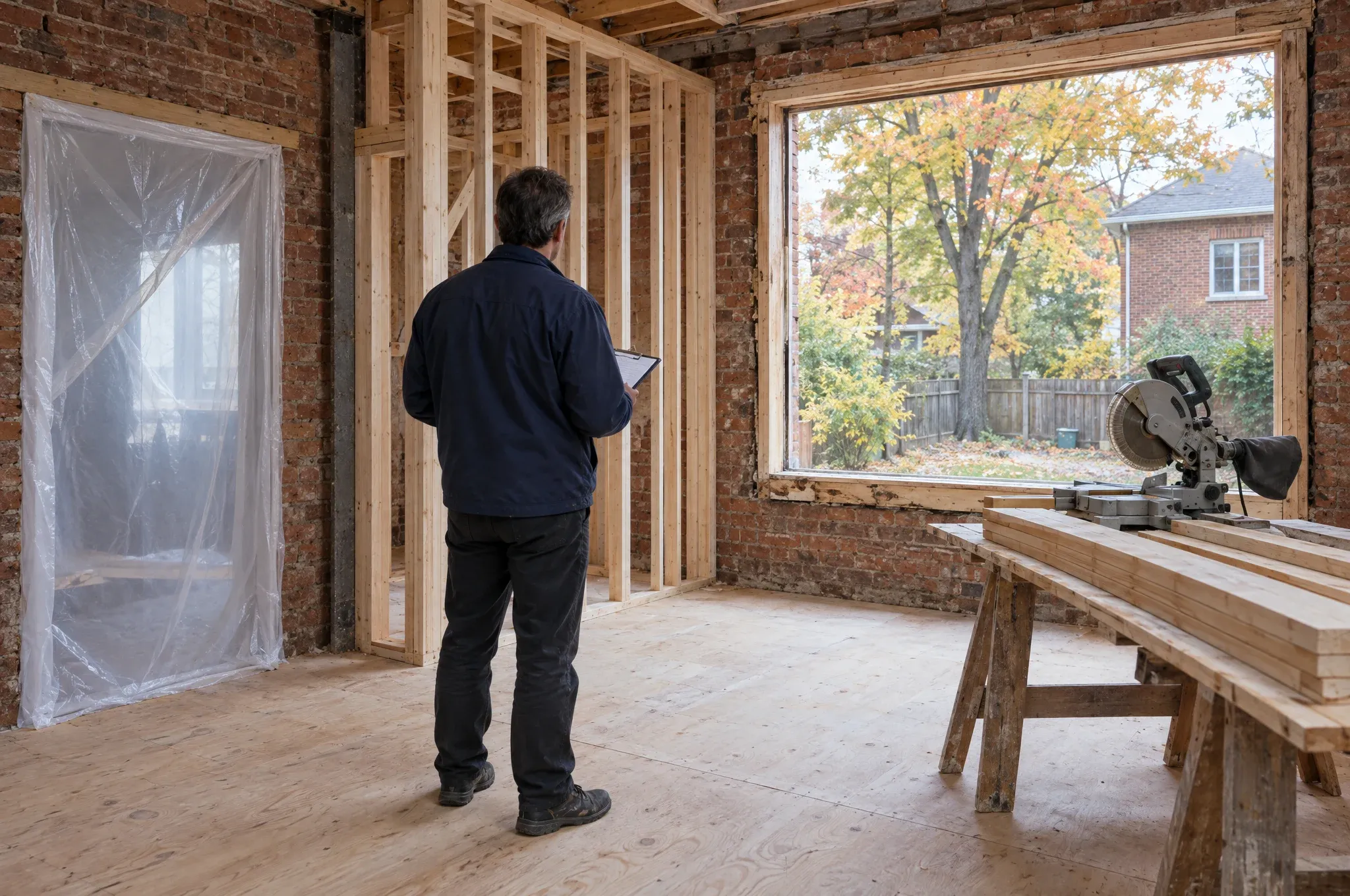 A project lead with a clipboard looking at new wall framing inside a brick house during a renovation.