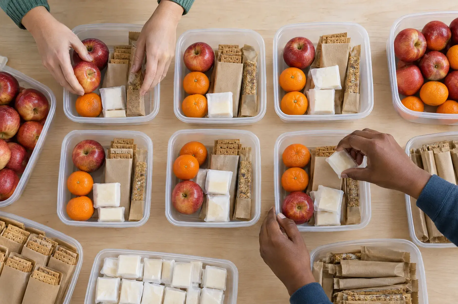 Hands pack school snack bins with apples, clementines, cheese, crackers and oat bars.