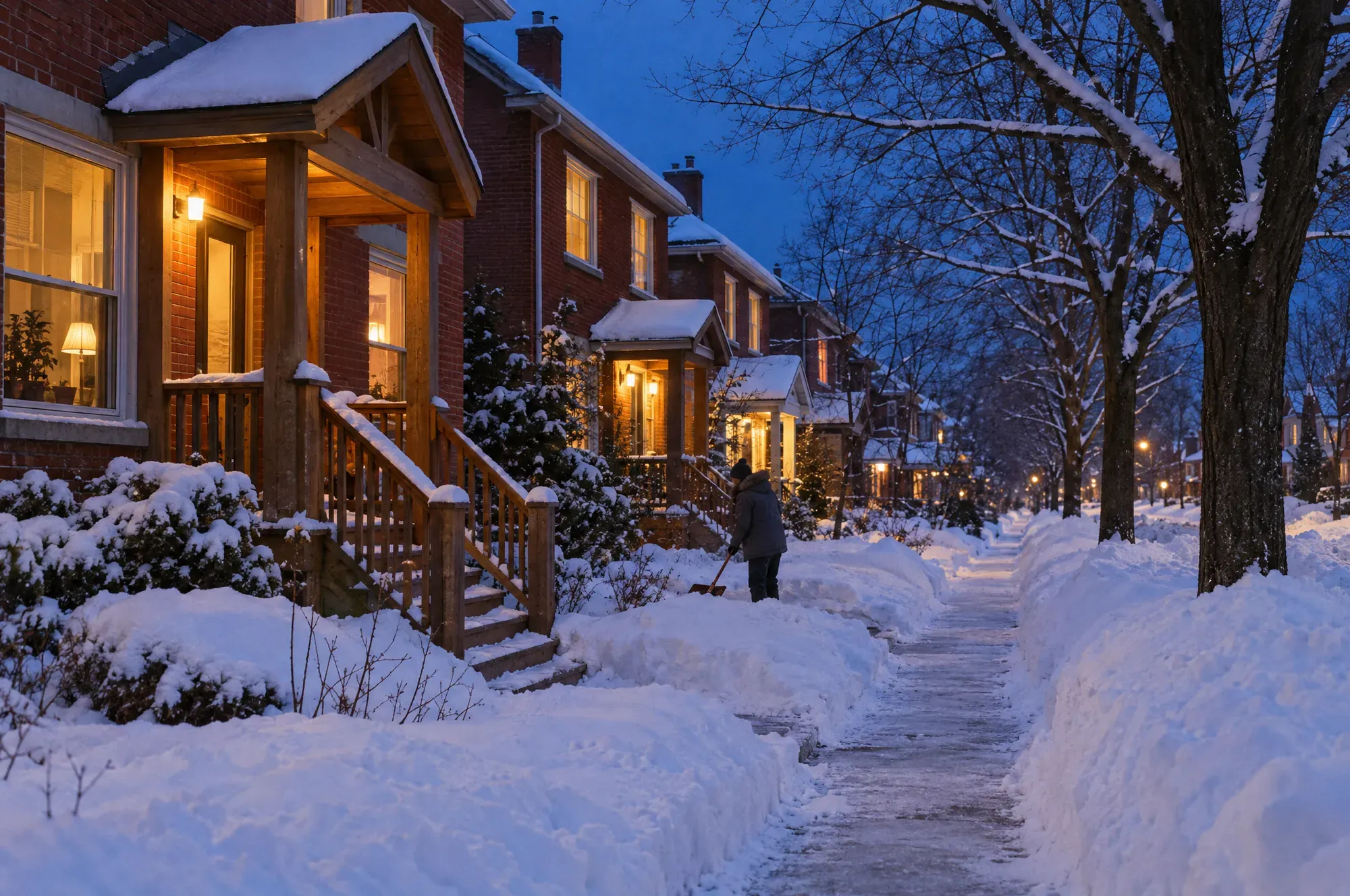 A street of brick semis with porches after fresh snow at dusk, porch lights on and one person shovelling.