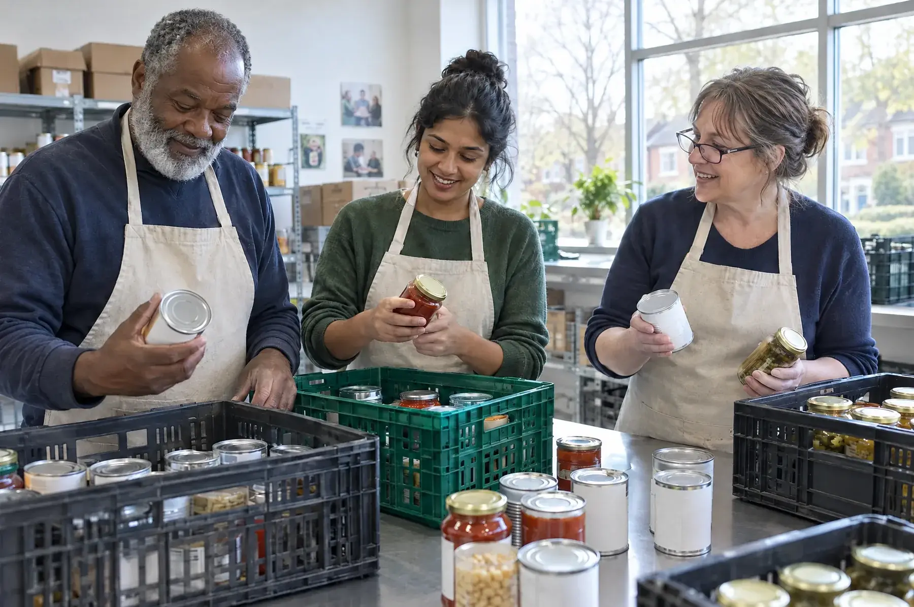 Three volunteers in canvas aprons check dates on jars and cans at a steel table, smiling as they work.