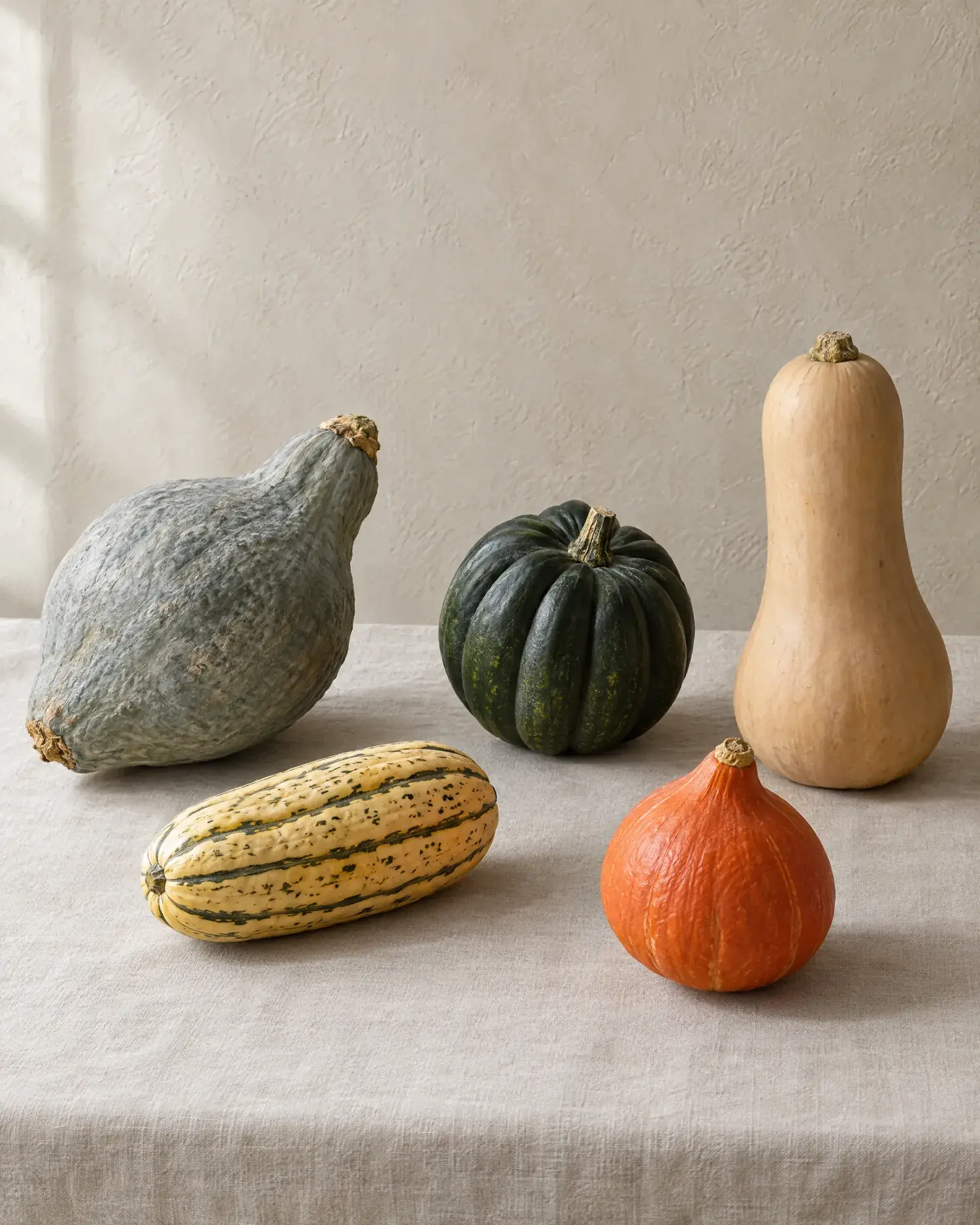 Five winter squash on oat linen, a blue Hubbard, a dark green acorn, a butternut, a striped delicata and an orange red kuri.