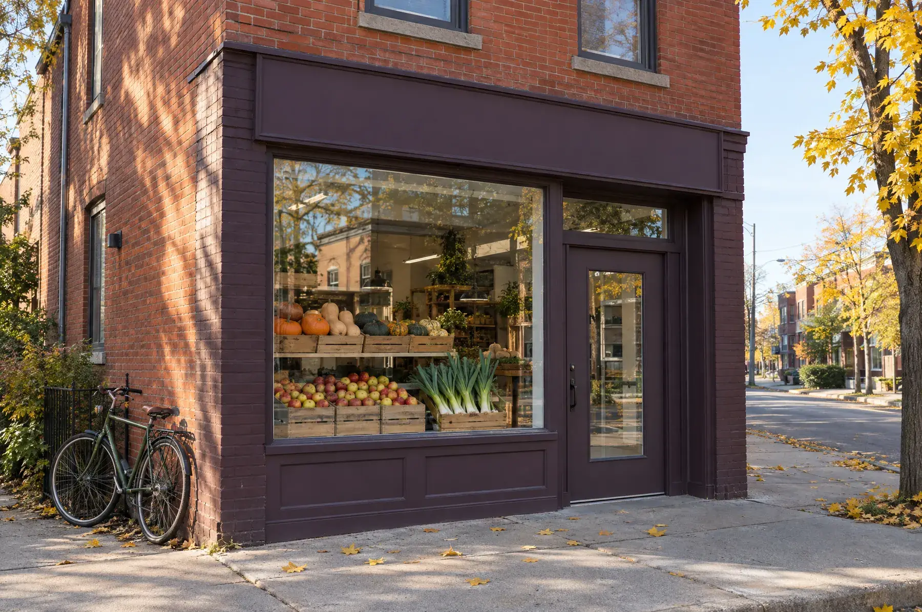 A red brick corner storefront with plum window trim. Crates of squash, apples and leeks fill the front window.
