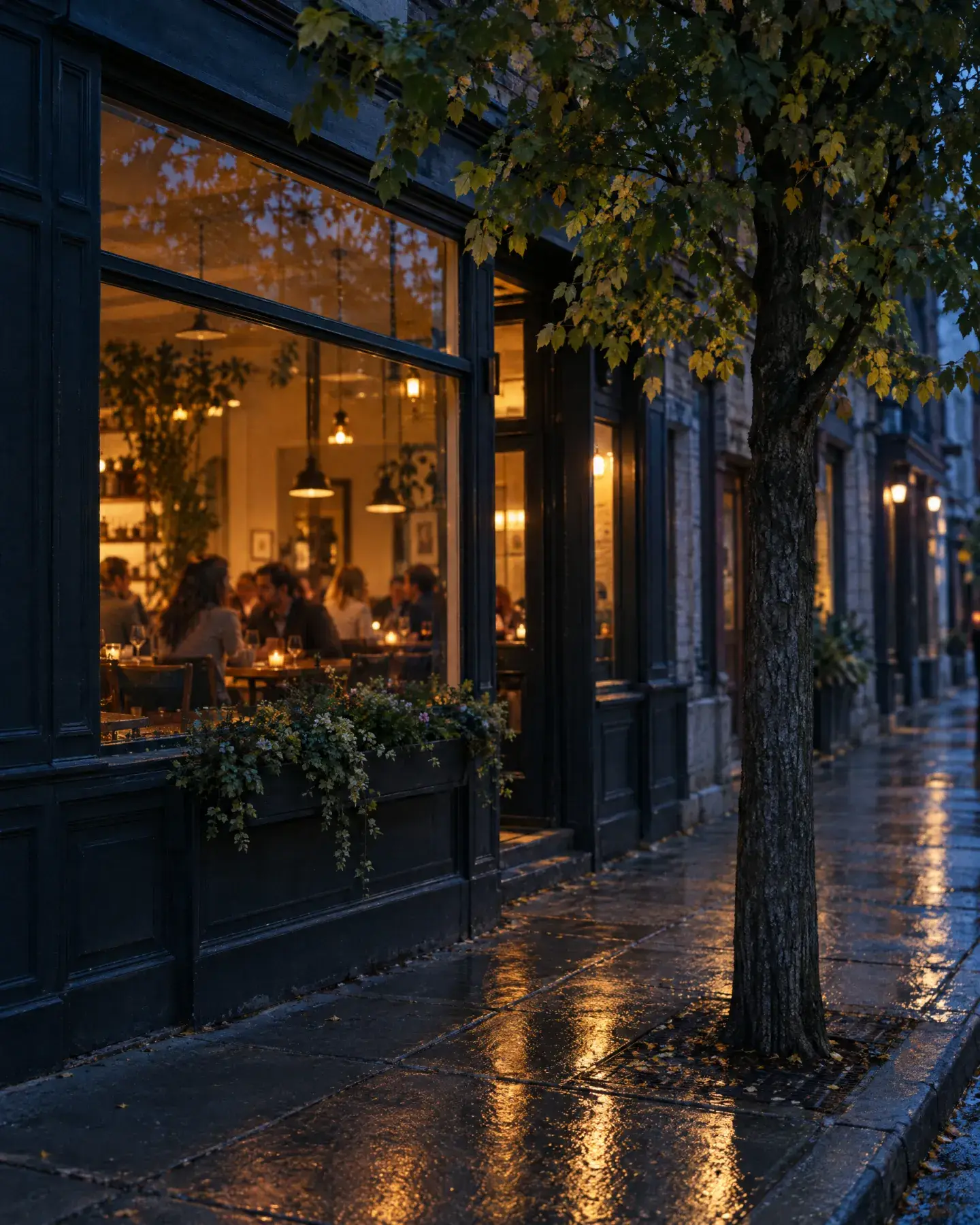 The dark green shopfront at blue hour, warm light through the big front window, a linden tree on the wet sidewalk.