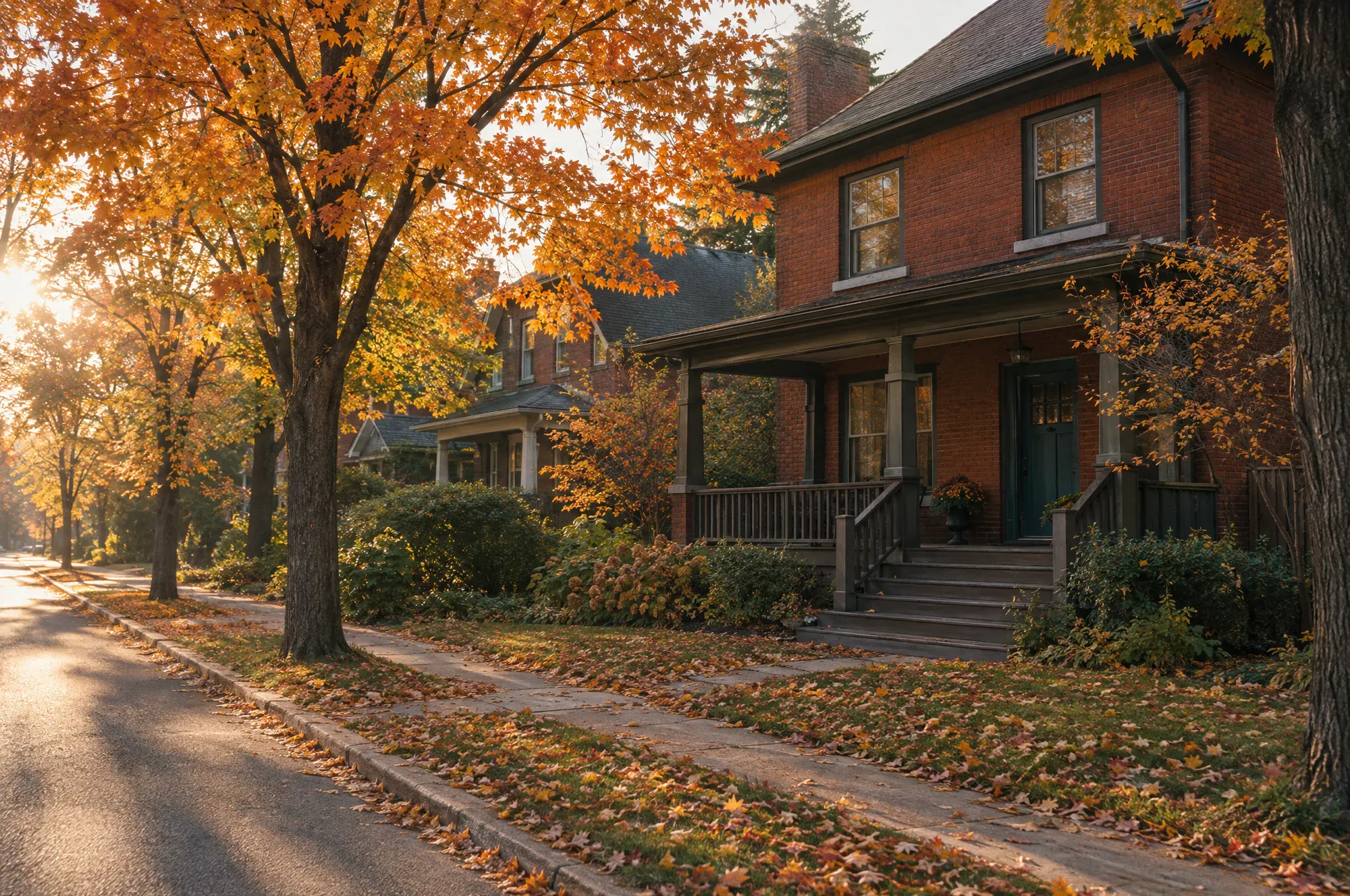 A red brick house with a deep wooden porch and a teal door on a Westboro side street, under maple trees turning orange.