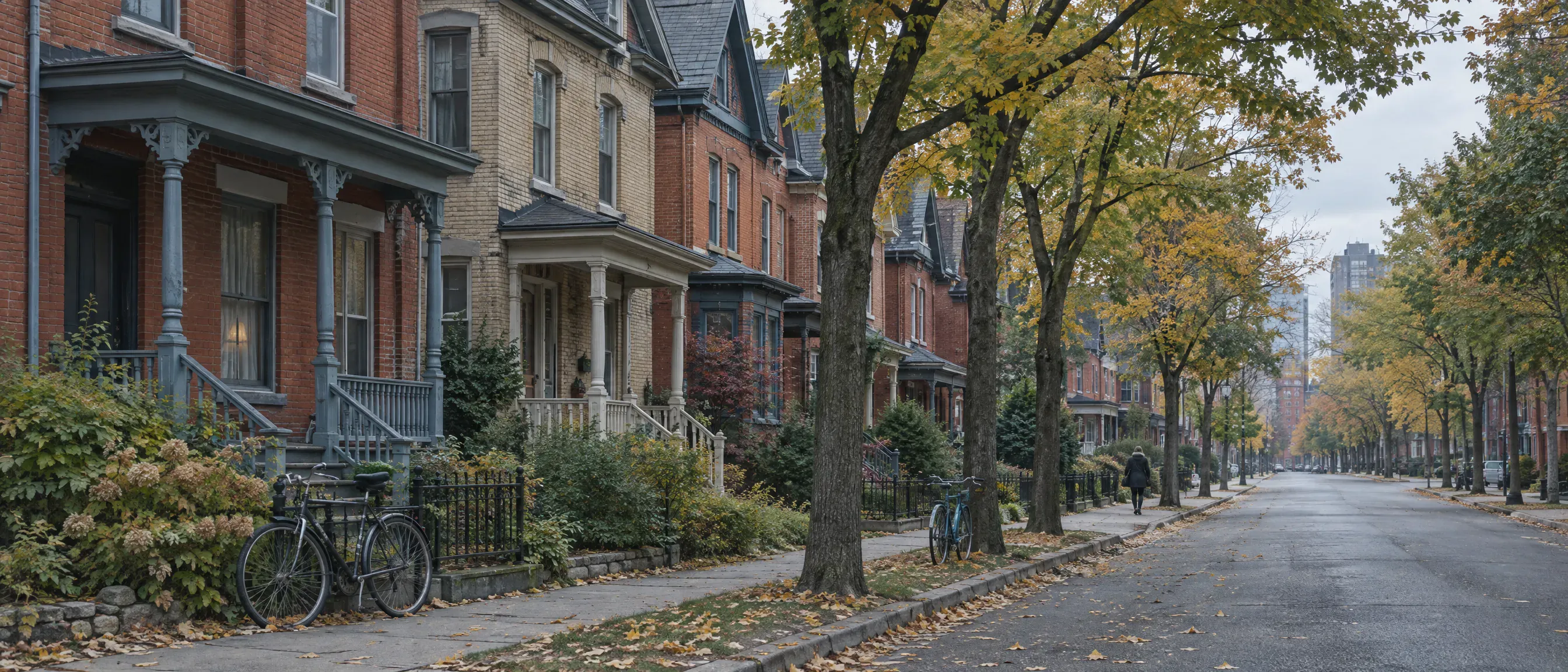 A Centretown side street in early autumn, with brick houses, wooden porches and maple trees along the sidewalk.