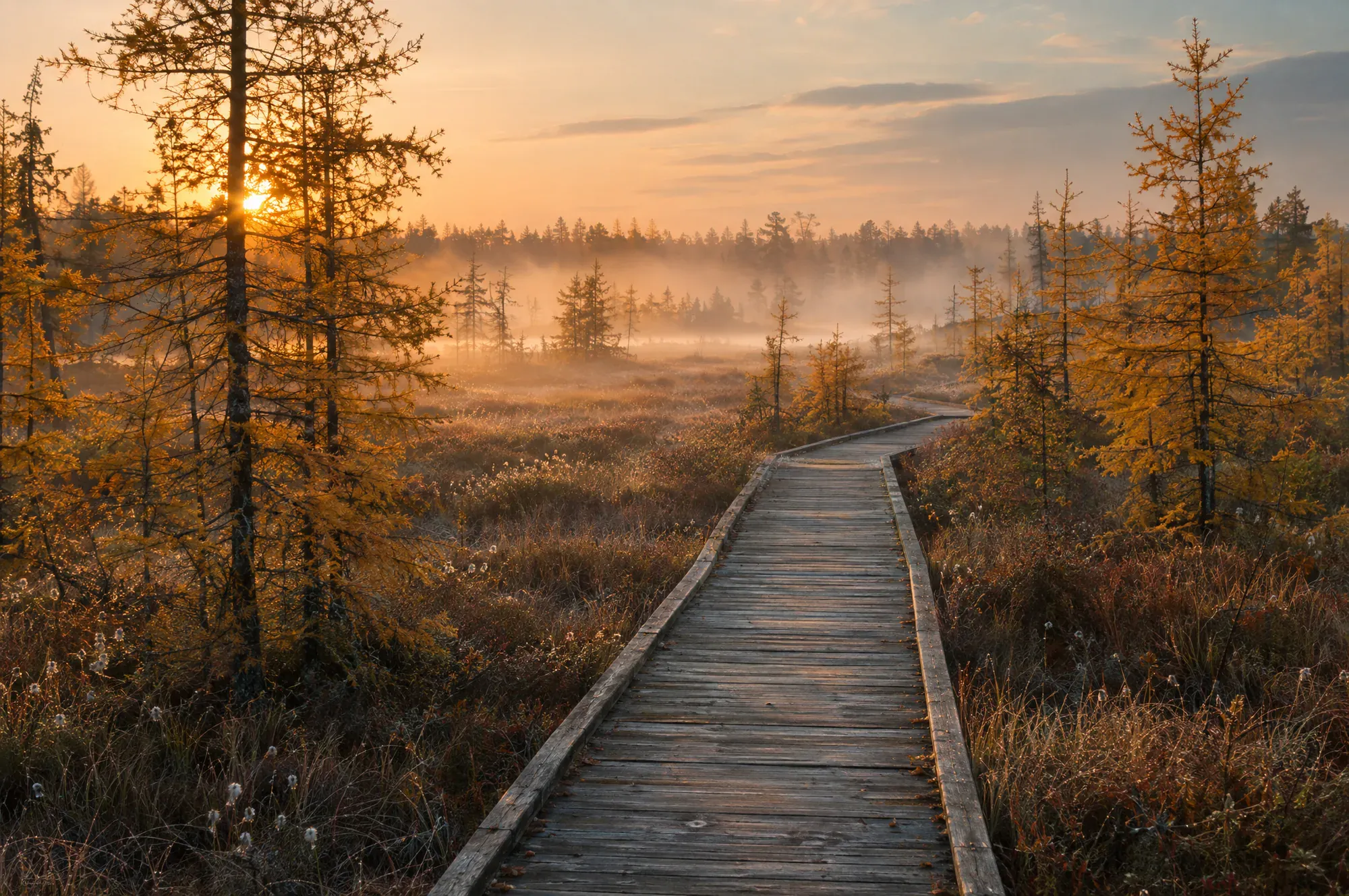 Golden tamarack trees and a wooden boardwalk leading into morning mist over a peat bog.