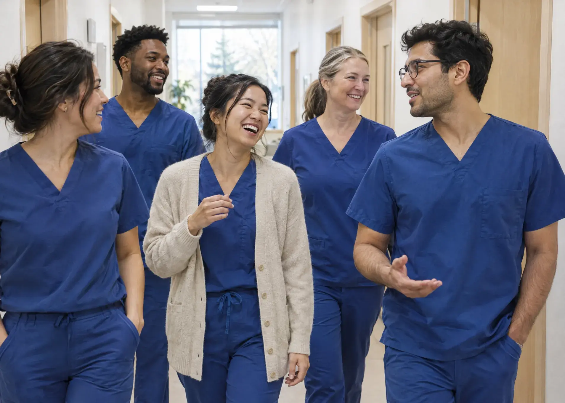 Five members of the clinic team in blue scrubs walk down a bright corridor, talking and laughing.