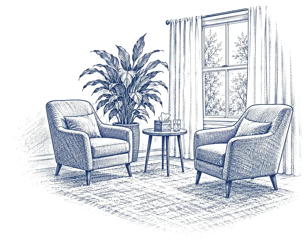 Ink drawing of two armchairs and a plant beside a window in a counselling room