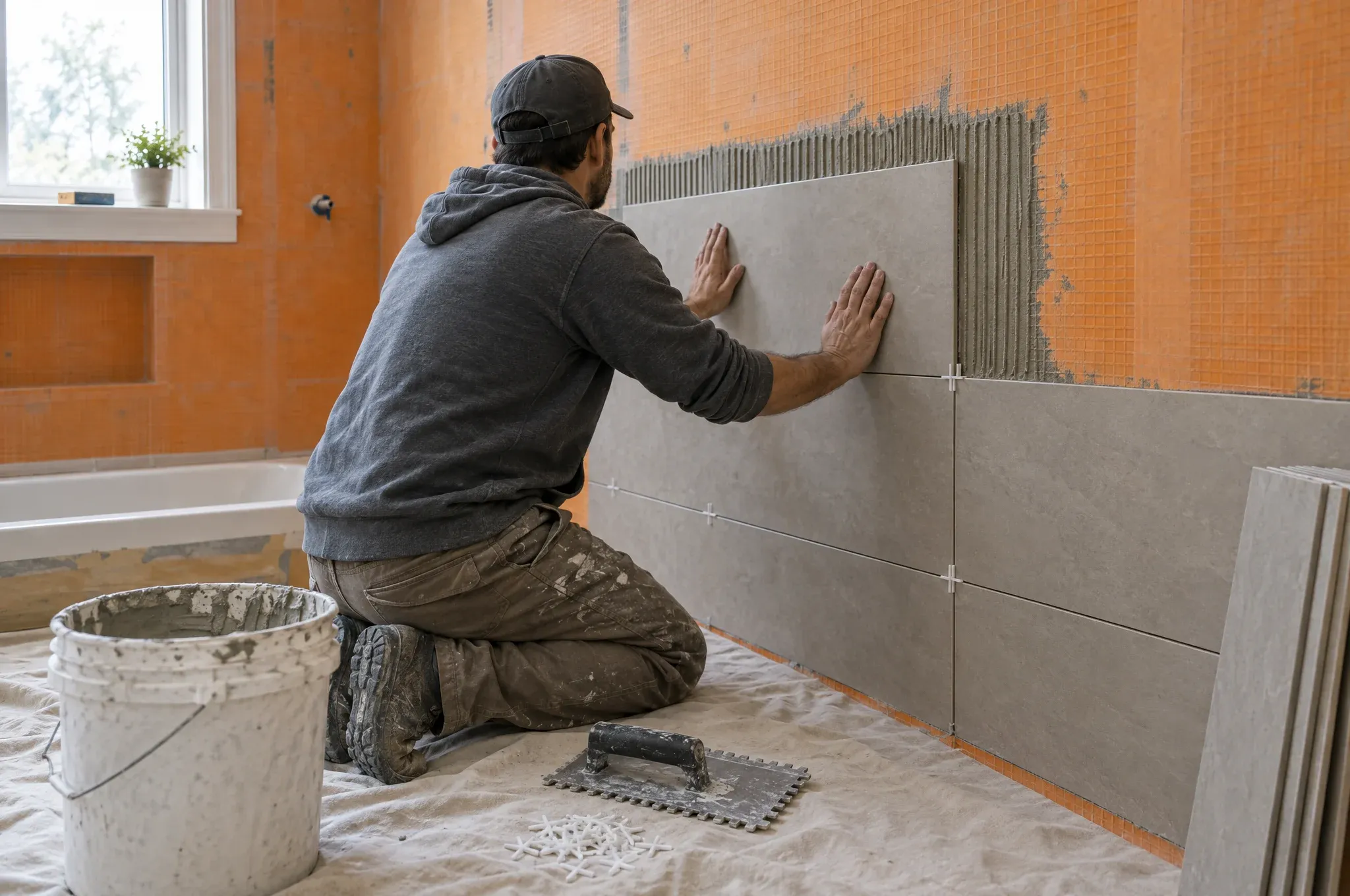 A tile setter pressing a large grey tile onto a shower wall covered with an orange waterproof membrane.