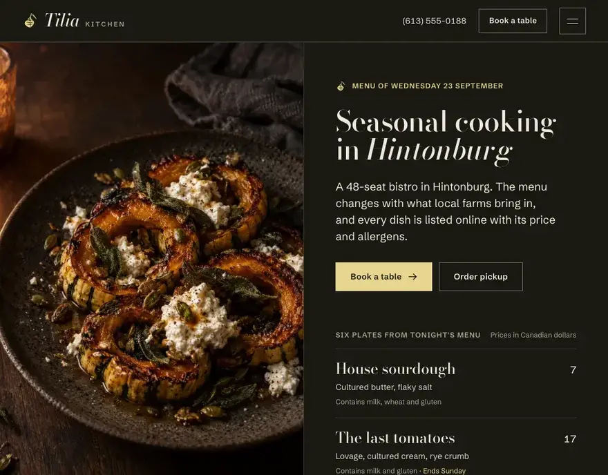 Home page of the Tilia Kitchen website