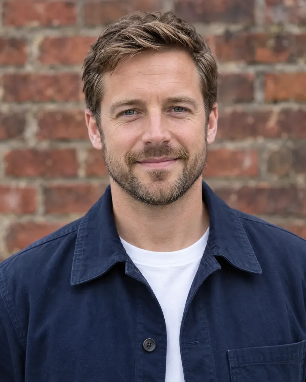 Tomas Achterberg, a man with light brown hair and a short beard, in a navy work jacket, against a brick wall.