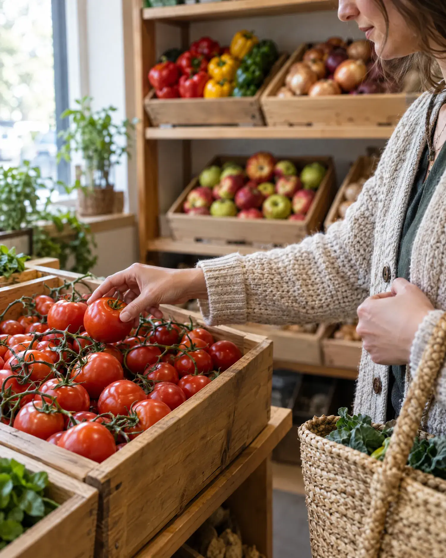 A hand chooses a ripe tomato from a wooden bin, with a woven basket on the other arm.