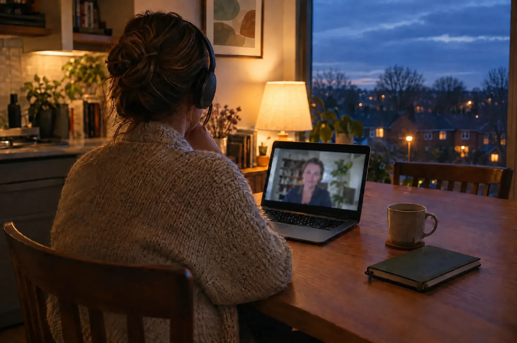 A woman in a knit cardigan, seen from behind, on a video call at her kitchen table in the evening, with a mug of tea and a lamp beside her.