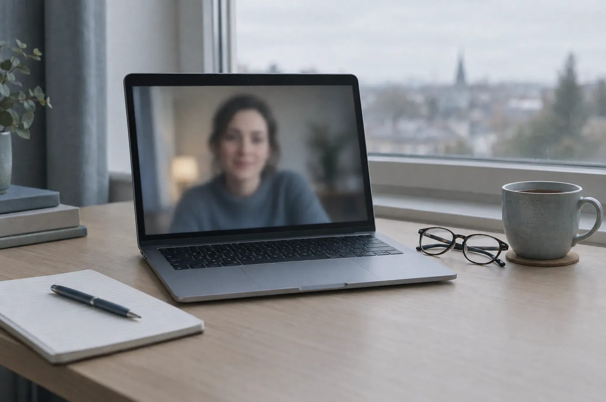 A laptop on a desk showing a blurred video call, with a notepad, reading glasses and a cup of tea beside it.