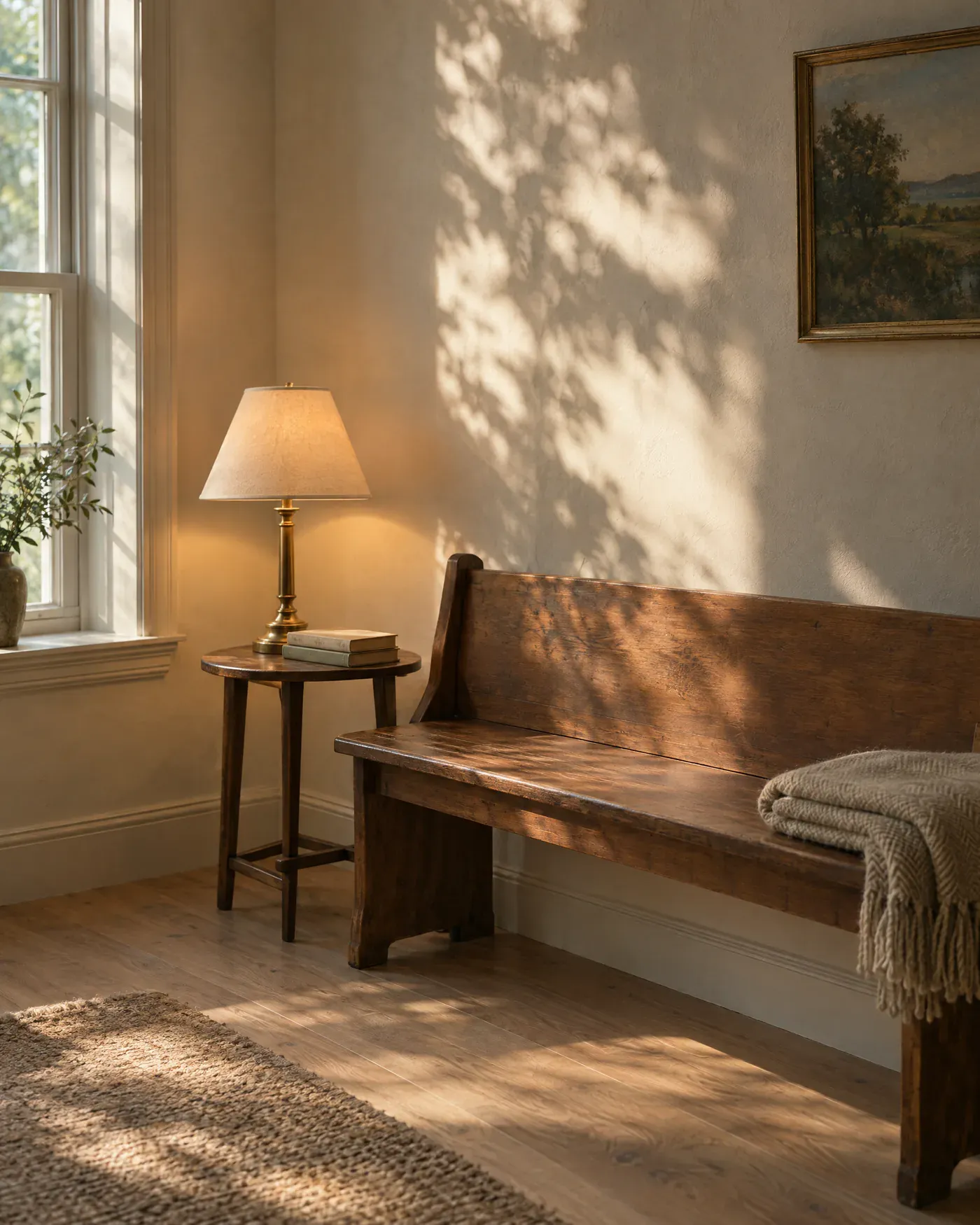 A quiet waiting room with a wooden bench, a folded wool throw and a brass lamp, with leaf shadows on a plaster wall.