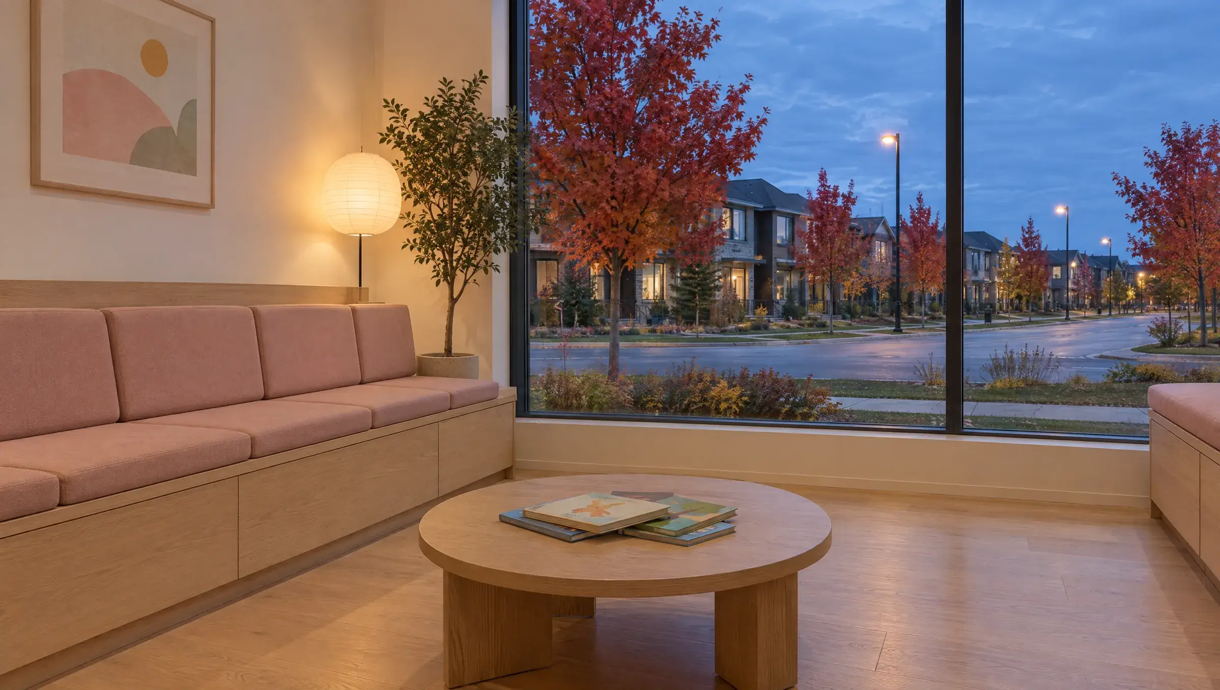 The empty waiting room at dusk. A long oak bench with pink cushions, a paper lamp and a round table of picture books. Through the window, red maples line a quiet street.