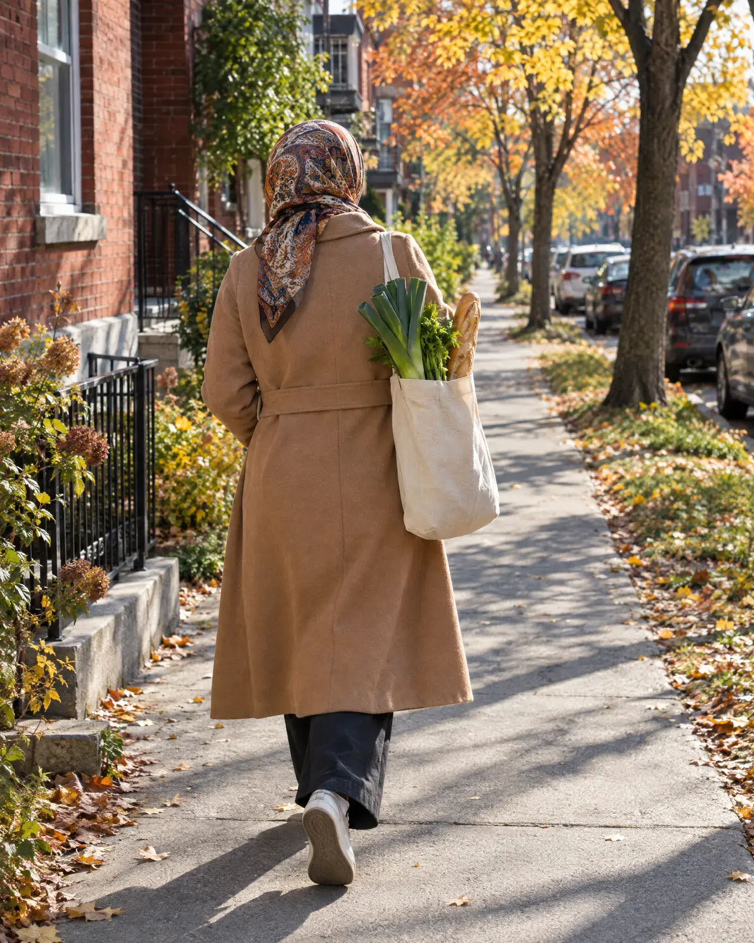 A woman in a camel coat walks along a sunny Vanier street carrying a full canvas bag with leeks and bread.