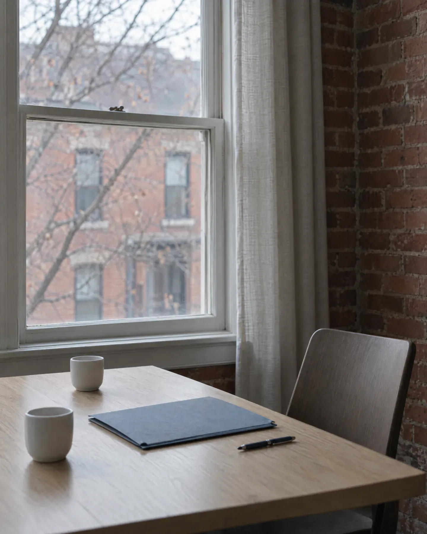 A pale oak table by a tall sash window in a brick office, with two white cups, a closed blue folder and a pen.