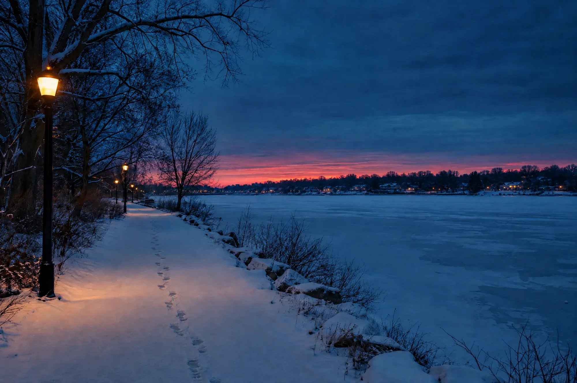 A snowy riverside path at blue hour, with footprints in fresh snow and lamp posts glowing along the way.