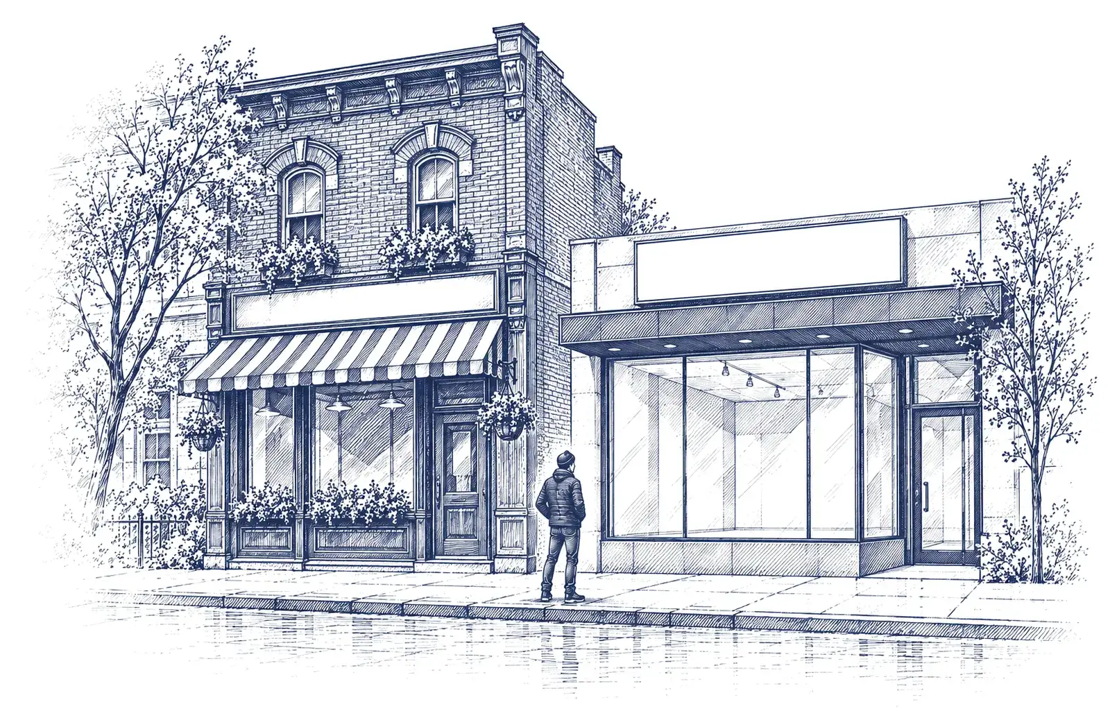 Ink drawing of two neighbouring shop fronts on an Ottawa street, one brick with an awning and one modern glass, with a person looking at both