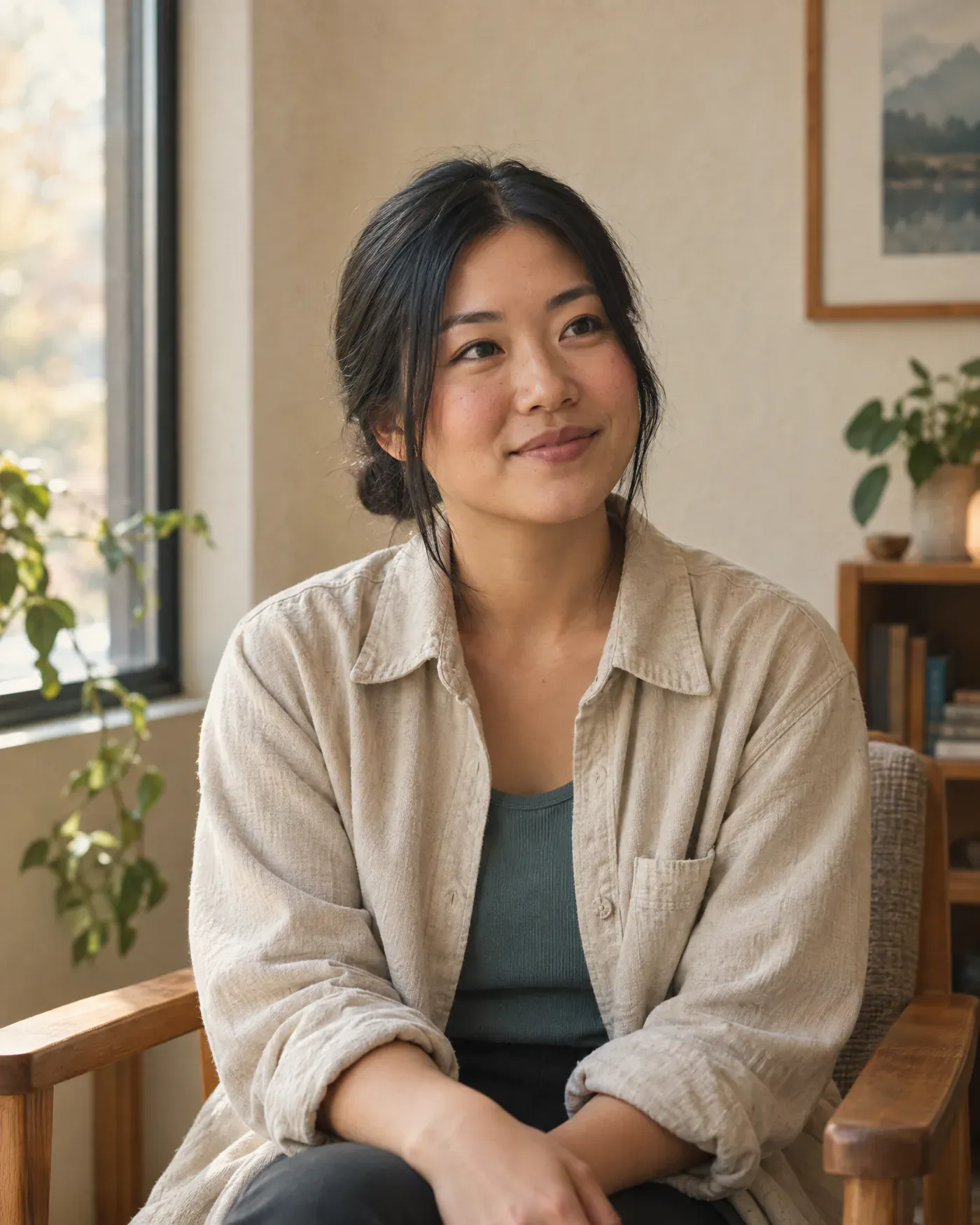 Wren Takahashi, a therapist with black hair in a low bun and an oat overshirt, sitting by a window.